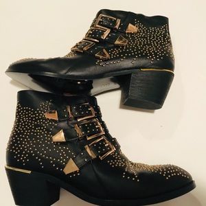 Buckle studded ankle boot bootie leather gold